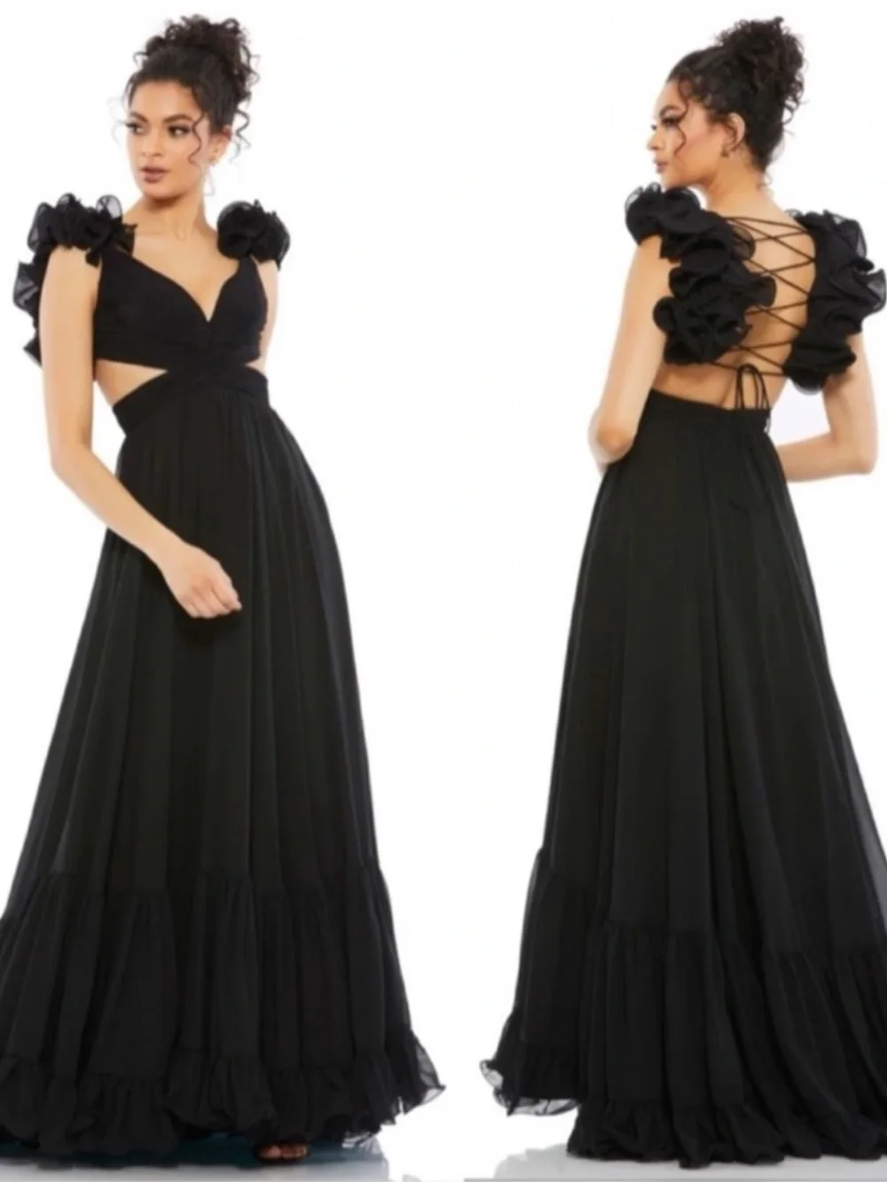 Mac Duggal Ruffled Cutout Gown Maxi Dress in Black Size 8 - Picture 1 of 14